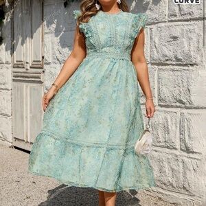 SHEIN Lace Floral Midi Dress in Mint Green/Blue